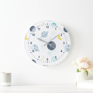 Watercolor Blue Space Planet Pattern Large Clock