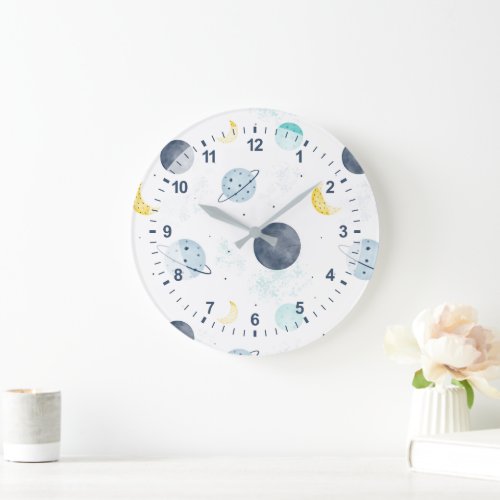 Watercolor Blue Space Planet Pattern Large Clock