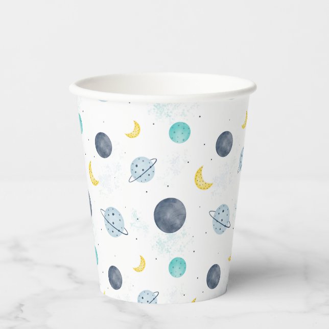 Watercolor Blue Space Planet Pattern Paper Cups (Front)