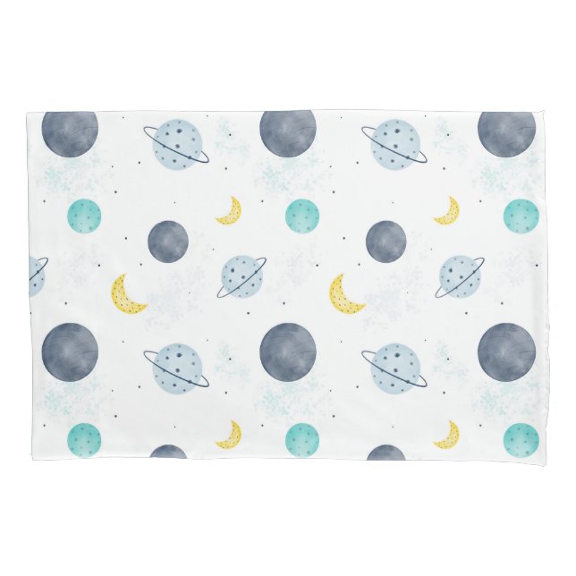 Watercolor Blue Space Planet Pattern Pillow Case (Front)