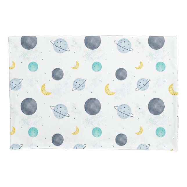 Watercolor Blue Space Planet Pattern Pillow Case (Front)