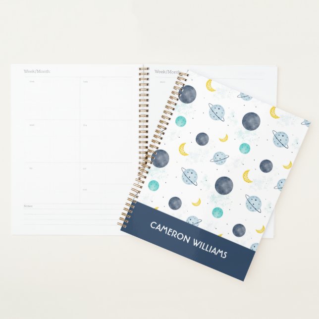 Watercolor Blue Space Planet Pattern Planner (Display)