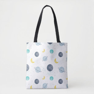Watercolor Blue Space Planet Pattern Tote Bag