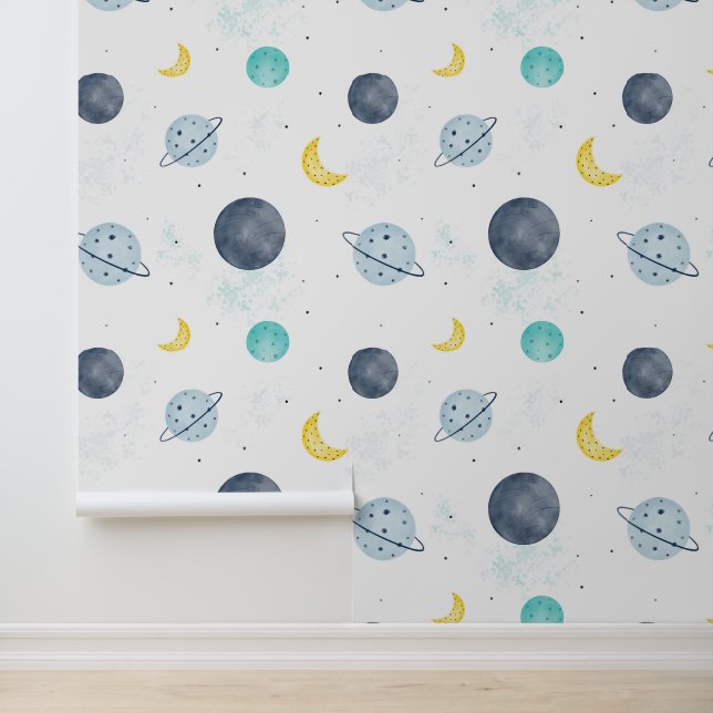 Watercolor Blue Space Planet Pattern Wallpaper (Application)