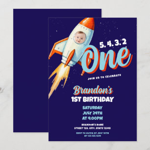 Watercolor Blue & Space Rocket Photo 1st Birthday Invitation