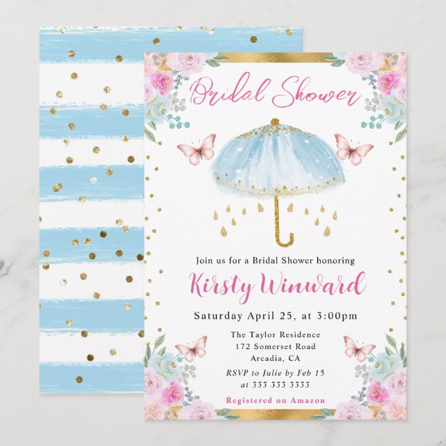 Watercolor Blue Spring Umbrella Bridal Shower Invitation (Front/Back)