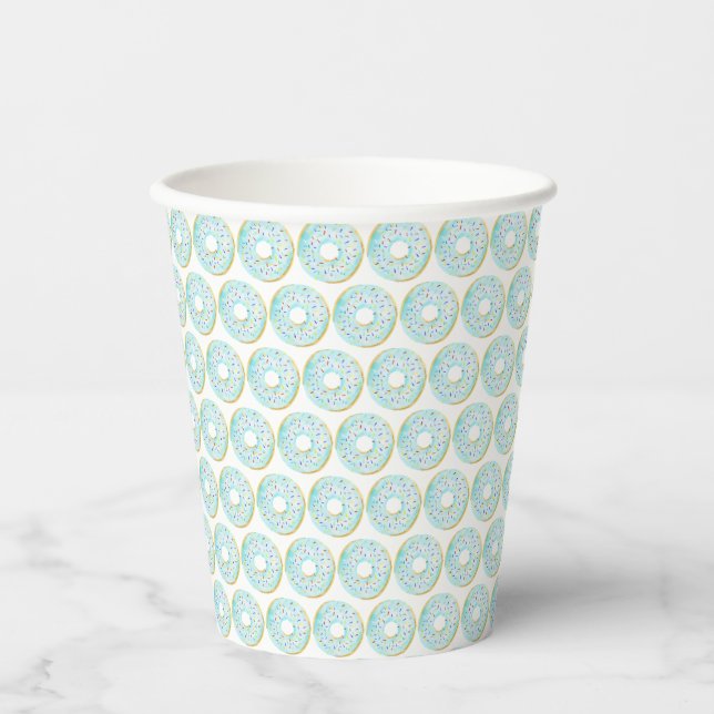 Watercolor Blue Sprinkle Donuts Pattern Birthday Paper Cups (Front)