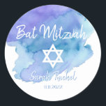 Watercolor Blue Star of David Bat Bar Mitzvah Classic Round Sticker<br><div class="desc">Add these gorgeous small round envelope sticker seals Jewish Bat or Bar Mitzvah to your invitations, envelopes, thank you cards or any other item such as thank you gifts or favors. For boy or girl. Modern Trendy white script calligraphy letters design. Watercolor background in blue, teal, turquoise, violet hues ....</div>