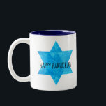 Watercolor Blue Star of David Happy Hanukkah Two-Tone Coffee Mug<br><div class="desc">Celebrate Jewish heritage with this beautiful blue Star of David design in blue watercolor.  Perfect for Hanukkah,  mitzvahs,  Passover,  or any occasion.  Coffee mug featuring customizable Happy Hanukkah message.</div>