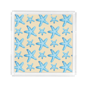 Watercolor Blue Starfish Pattern Acrylic Tray