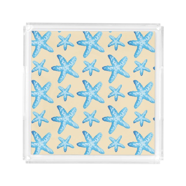 Watercolor Blue Starfish Pattern Acrylic Tray (Front)