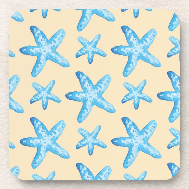 Watercolor Blue Starfish Pattern Beverage Coaster (Front)