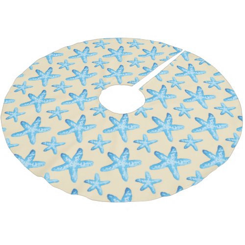 Watercolor Blue Starfish Pattern Brushed Polyester Tree Skirt