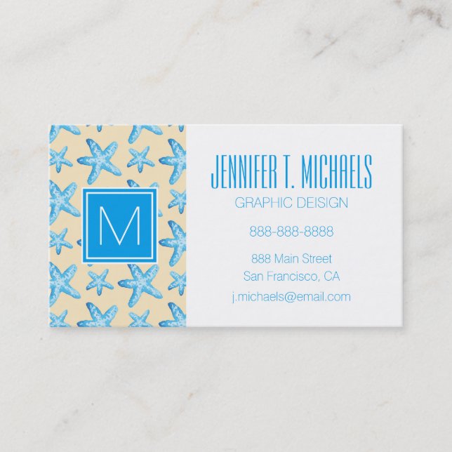 Watercolor Blue Starfish Pattern Business Card (Front)