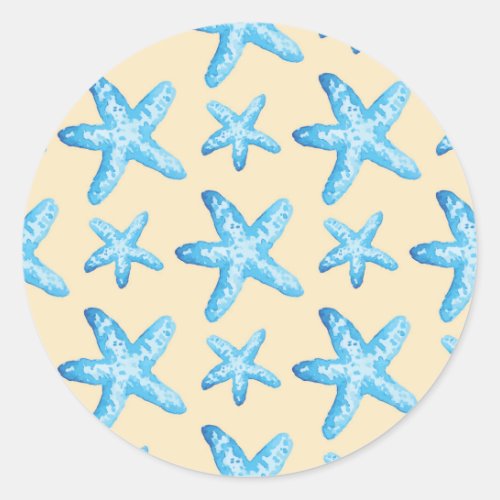 Watercolor Blue Starfish Pattern Classic Round Sticker