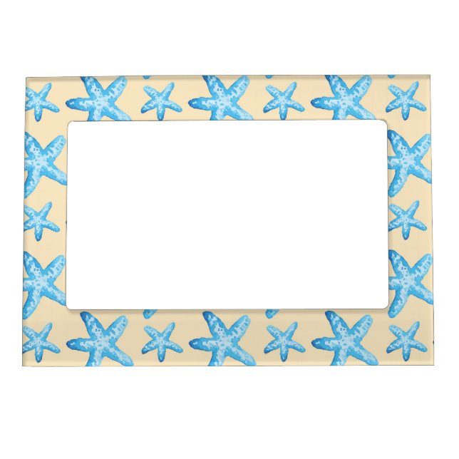 Watercolor Blue Starfish Pattern Magnetic Picture Frame (Front)