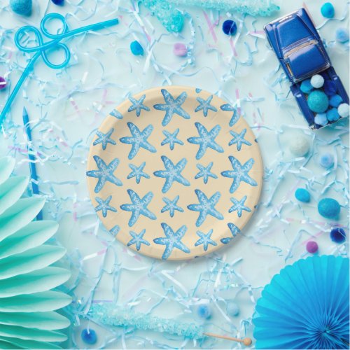Watercolor Blue Starfish Pattern Paper Plates