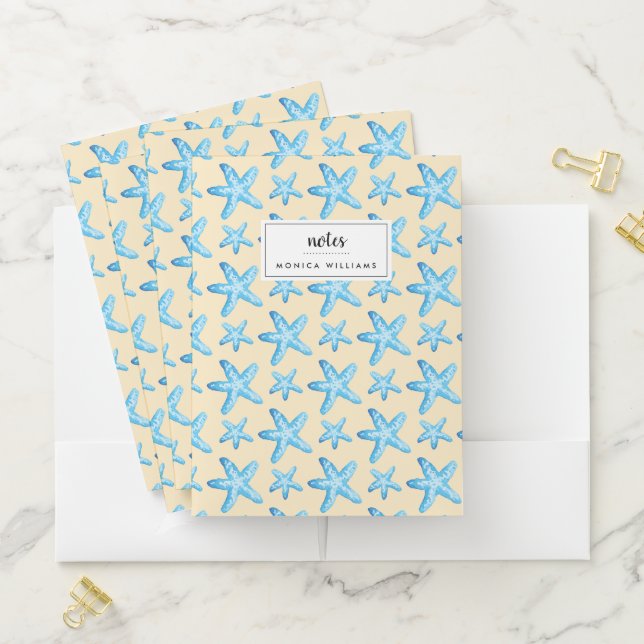 Watercolor Blue Starfish Pattern Pocket Folder (In Situ)
