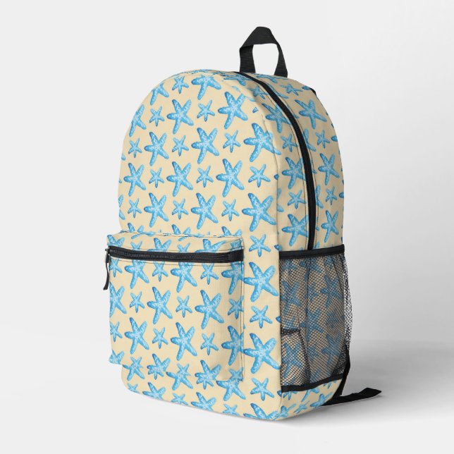 Watercolor Blue Starfish Pattern Printed Backpack (Back Corner Right)