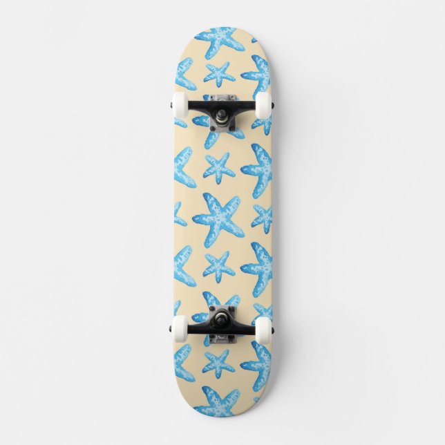Watercolor Blue Starfish Pattern Skateboard Deck (Front)