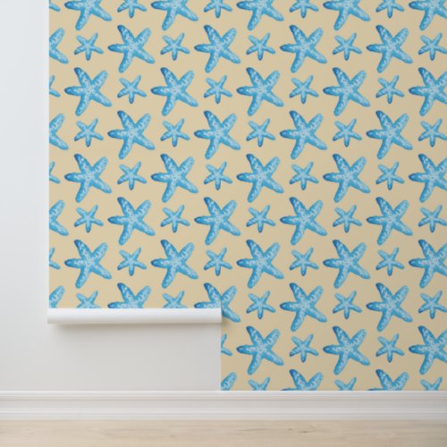 Watercolor Blue Starfish Pattern Wallpaper