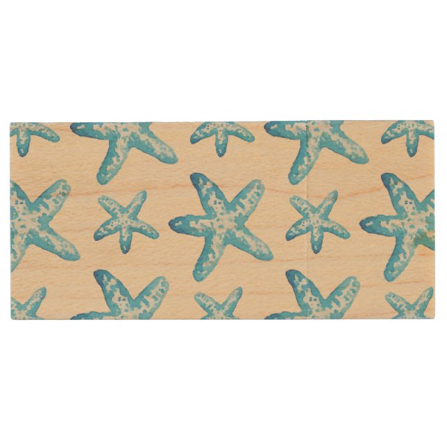 Watercolor Blue Starfish Pattern Wood USB Flash Drive (Front)