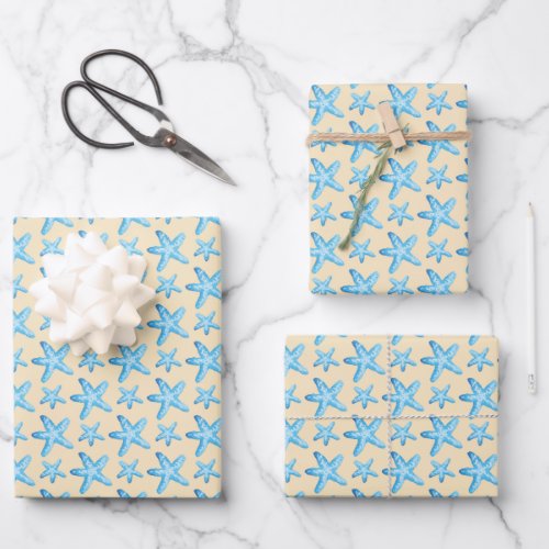 Watercolor Blue Starfish Pattern Wrapping Paper Sheets