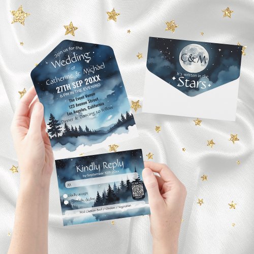 Watercolor Blue Starry Night Sky Celestial Wedding All In One Invitation