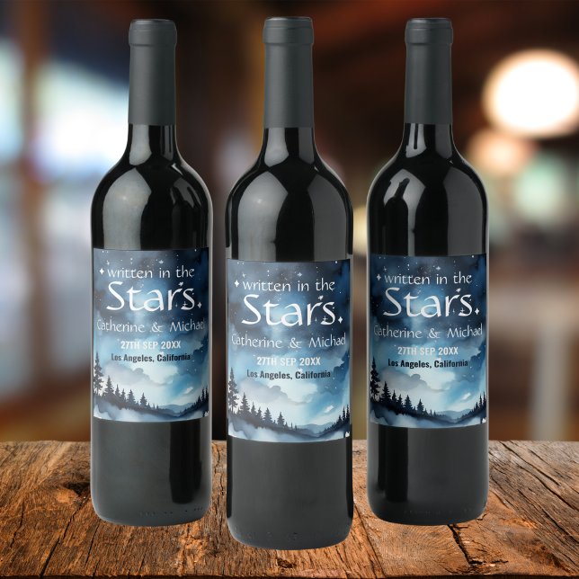 Watercolor Blue Starry Night Sky Celestial Wedding Wine Label (Creator Uploaded)