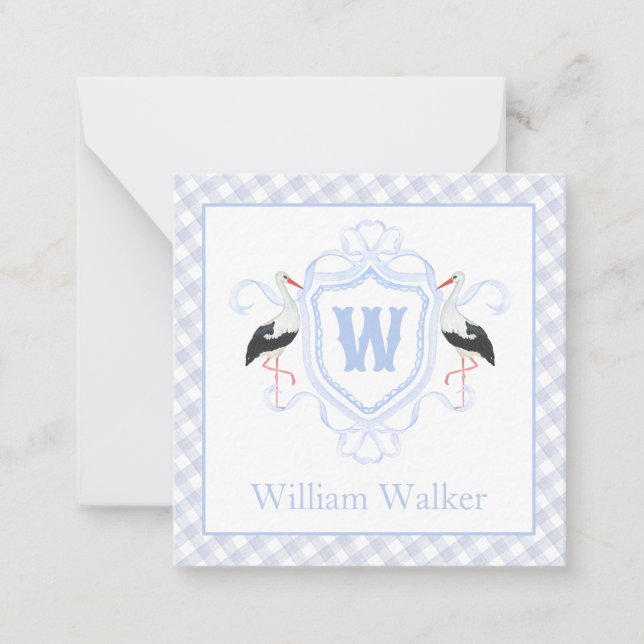 Watercolor Blue Stork Gingham Monogram Crest Note Card (Front)