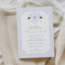 Watercolor Blue Stork Monogram Crest Baby Shower