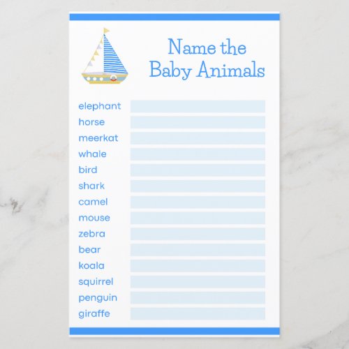 Watercolor Blue Stripe Sailboat Baby Shower Game