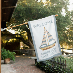 Watercolor Blue Stripe Sailboat House Flag