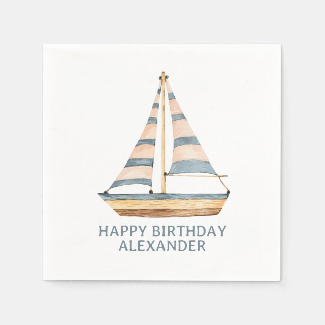 Watercolor Blue Stripe Sailboat Napkins (Front)
