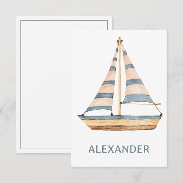 Watercolor Blue Stripe Sailboat Note Card (Front/Back)
