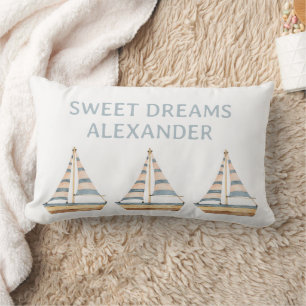Watercolor Blue Stripe Sailboat Nursery Lumbar Pillow