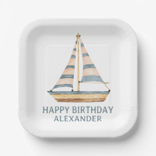 Watercolor Blue Stripe Sailboat Paper Plates