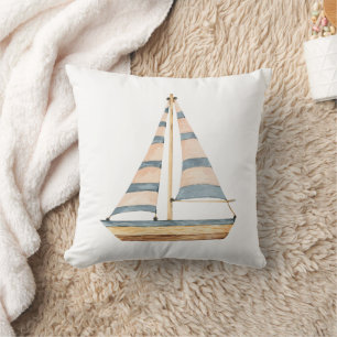 Watercolor Blue Stripe Sailboat Throw Pillow