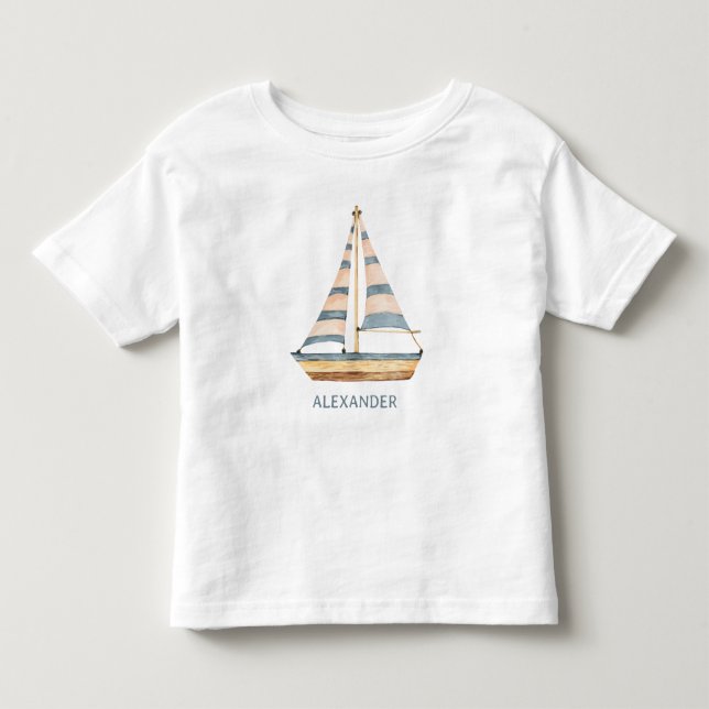 Watercolor Blue Stripe Sailboat Toddler T-shirt (Front)