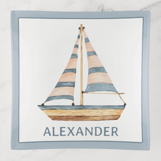 Watercolor Blue Stripe Sailboat Trinket Tray (Front)