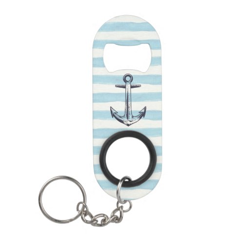Watercolor Blue Striped Anchor Motif Keychain Bottle Opener
