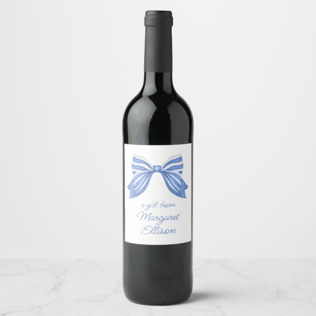 Watercolor Blue Striped Bow Bottle Wine Label (Front)