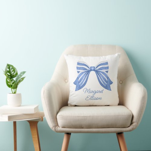 Watercolor Blue Striped Bow Throw Pillow