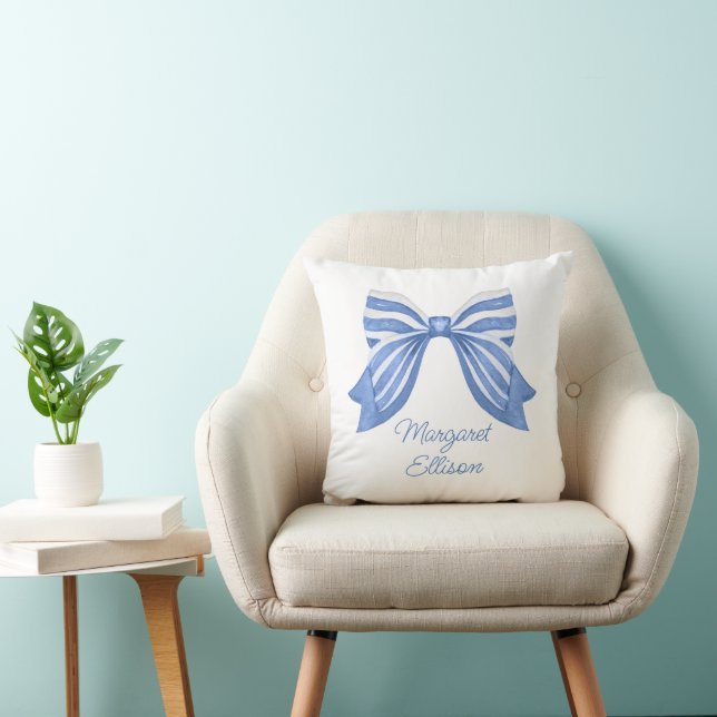Watercolor Blue Striped Bow Throw Pillow (Chair)