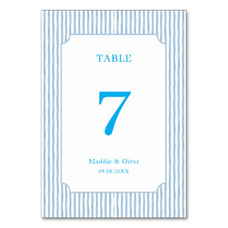 Watercolor Blue Striped Classic Wedding Table Number