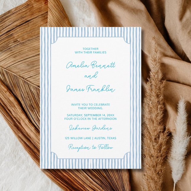 Watercolor Blue Striped Wedding Classic Wedding Invitation (Creator Uploaded)