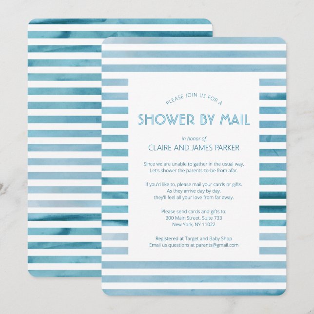 Watercolor Blue Stripes Baby Shower by Mail Invitation (Front/Back)
