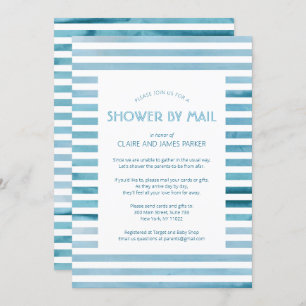 Watercolor Blue Stripes Baby Shower by Mail Invitation
