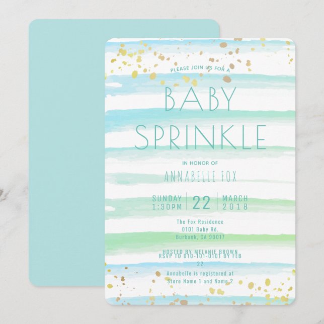 Watercolor Blue Stripes Baby Sprinkle Invitation (Front/Back)