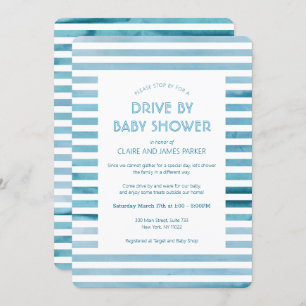 Watercolor Blue Stripes Drive By Baby Shower Invitation